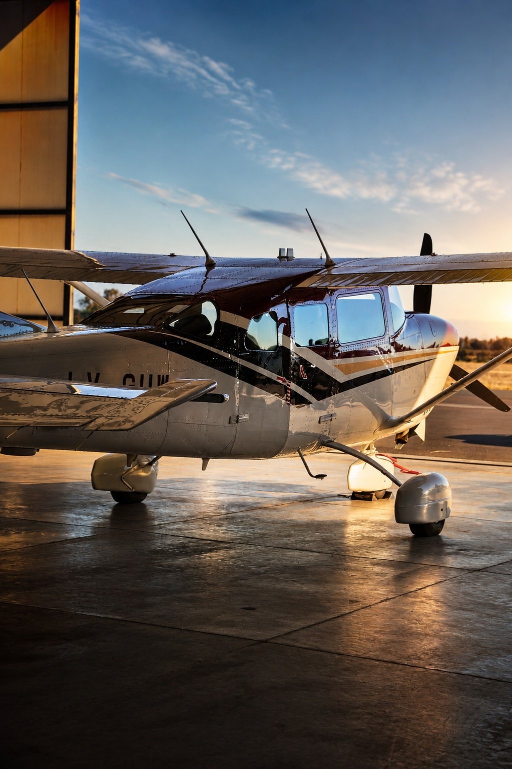 Cessna Stationair LV-GUW en la entrada del hangar al atardecer